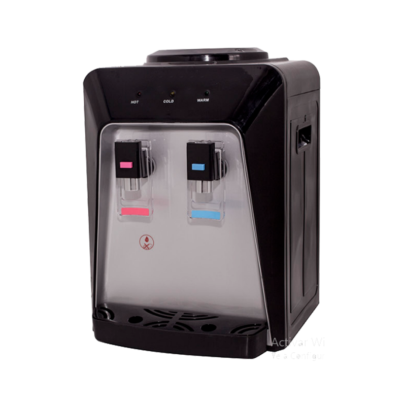 Dispensador Eléctrico de Sobremesa con Ventilador Color Negro Gris Salida Agua Purificada Caliente y Fría