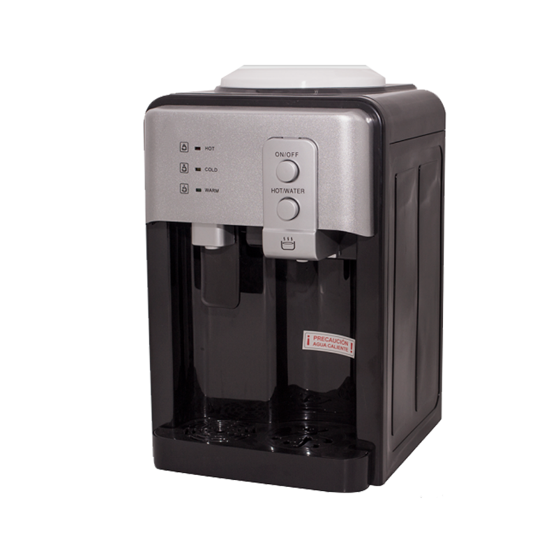 Dispensador sobremesa ventilador negro gris botones adelante agua caliente fria encendido